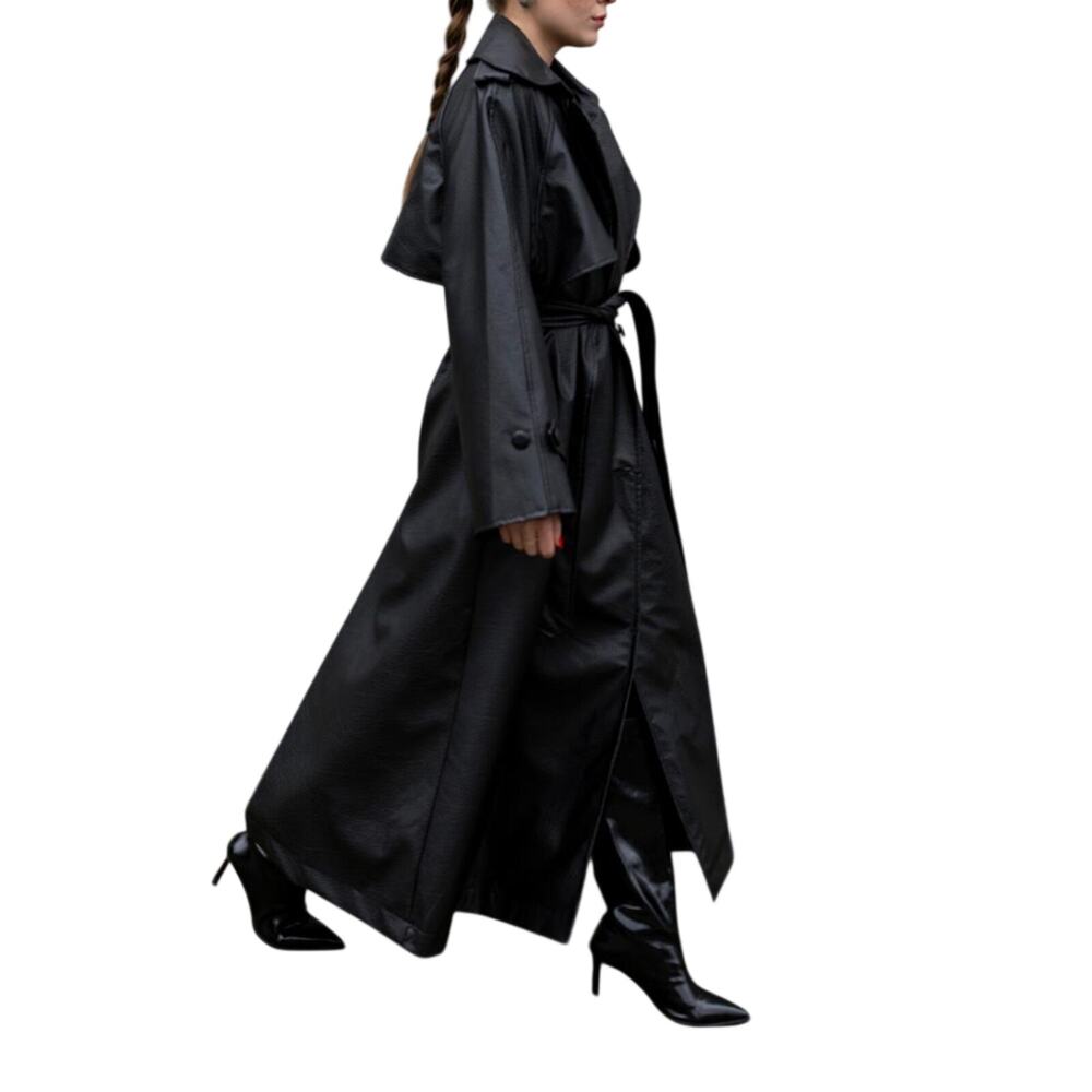 Black Faux Leather Trench Coat Women Long Belted Classic Jacket Stylish - Picture 6 of 12